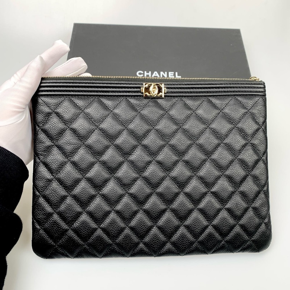 NIB Chanel Boy O Case Large Clutch Quilted Black with Gold Hardware